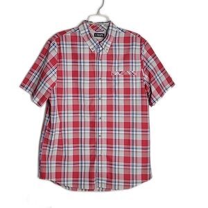 Chaps Button Up Collard Shirt ~ Sz L ~ Red, White, Blue ~ Short Sleeve